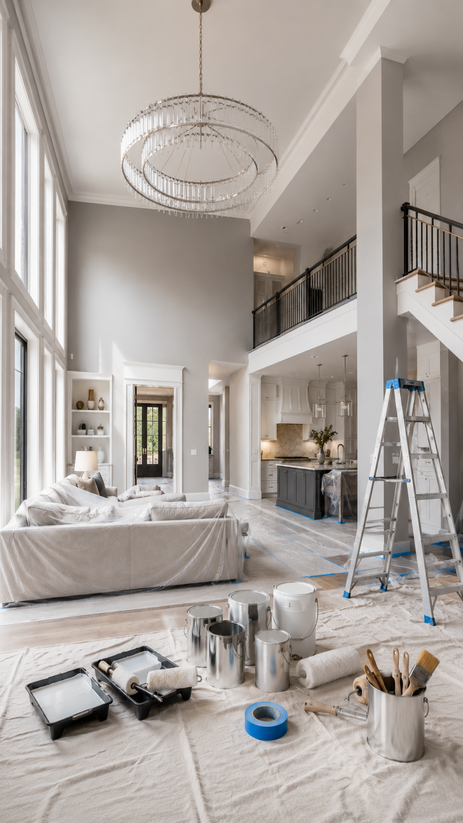 Alliance Trio Solutions painting crew in matching navy ATS uniforms working together to repaint a bright residential interior. Rollers on the walls, brush cutting-in trim on a ladder, drop cloths and 5-gallon buckets on the floor