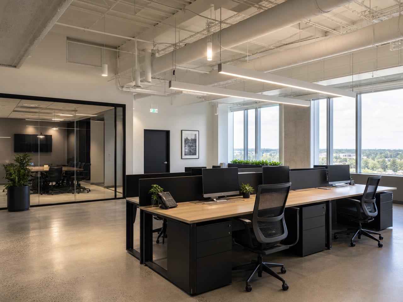 Modern commercial office interior with freshly painted neutral walls, high ceilings, and contemporary workspace finished by Alliance Trio Solutions