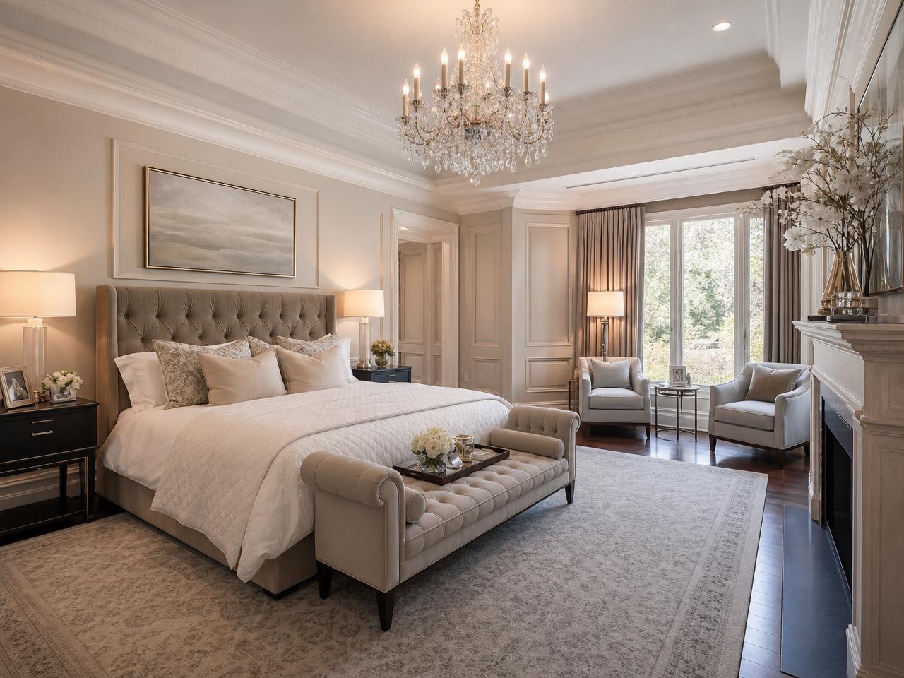 Luxury master bedroom with impeccable paint finish, crown molding, detailed white trim, and elegant furnishings finished by Alliance Trio Solutions