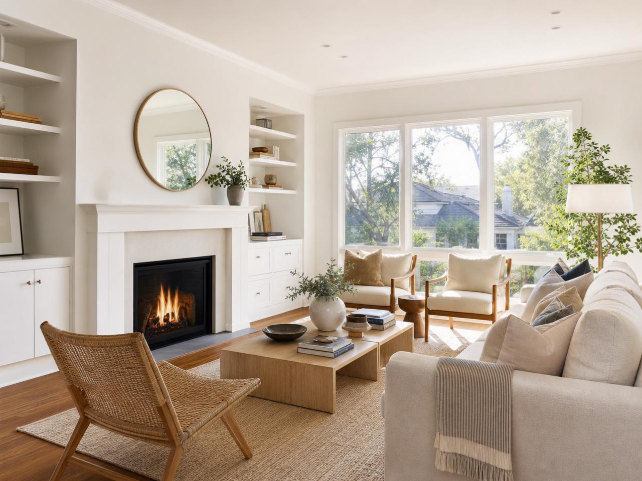 Bright, freshly painted California residential living room with warm white walls, crisp trim, natural light, and hardwood floors by Alliance Trio Solutions